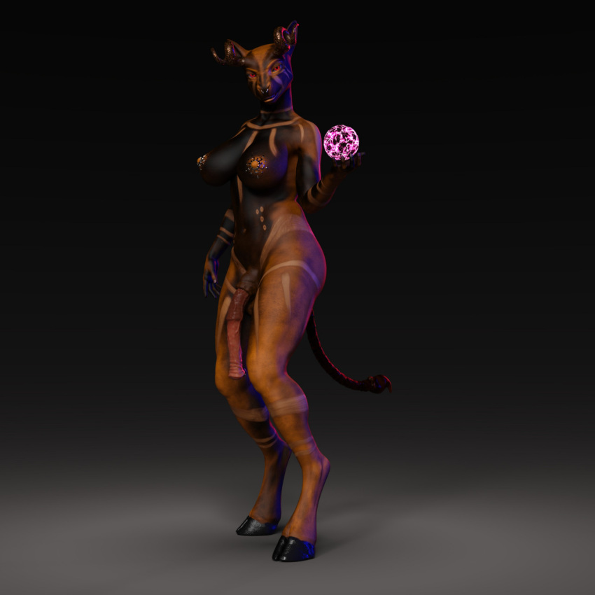 1:1 3d_(artwork) animal_genitalia animal_penis anthro arm_bent arm_markings arm_stripes big_breasts big_penis black_body black_breasts black_fur black_hooves bovid bovine bovine_ears breasts brown_body brown_fur chest_markings cloven_hooves curled_horns digital_media_(artwork) earthclan3d equine_penis facial_piercing flaccid fur futanari genitals glowing_orb gynomorph hi_res hooves hybrid intersex magic magic_user mammal markings medial_ring multicolored_body multicolored_fur navel nipples nose_piercing nose_ring nude orange_nipples penis piercing pink_penis red_eyes salem_(earthclan) scorpion_tail solo splayed_fingers spots standing stinger three-quarter_view two_tone_body two_tone_fur wide_hips wide_stance