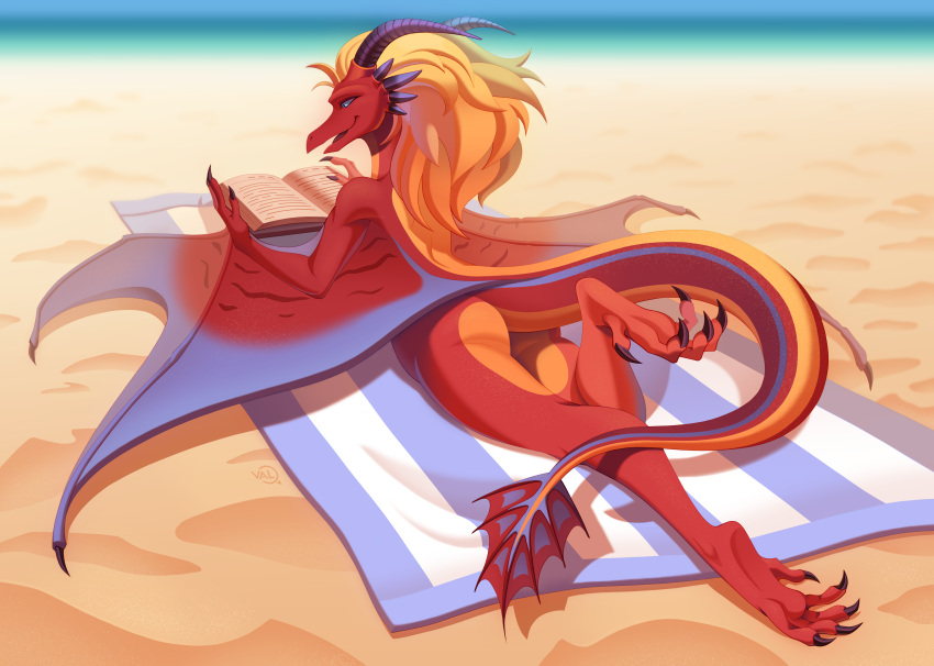 absurd_res anthro ass beach claws dragon eztli_(user_55) female fingers hi_res horn nude scalie seaside solo val-q wings wyvern