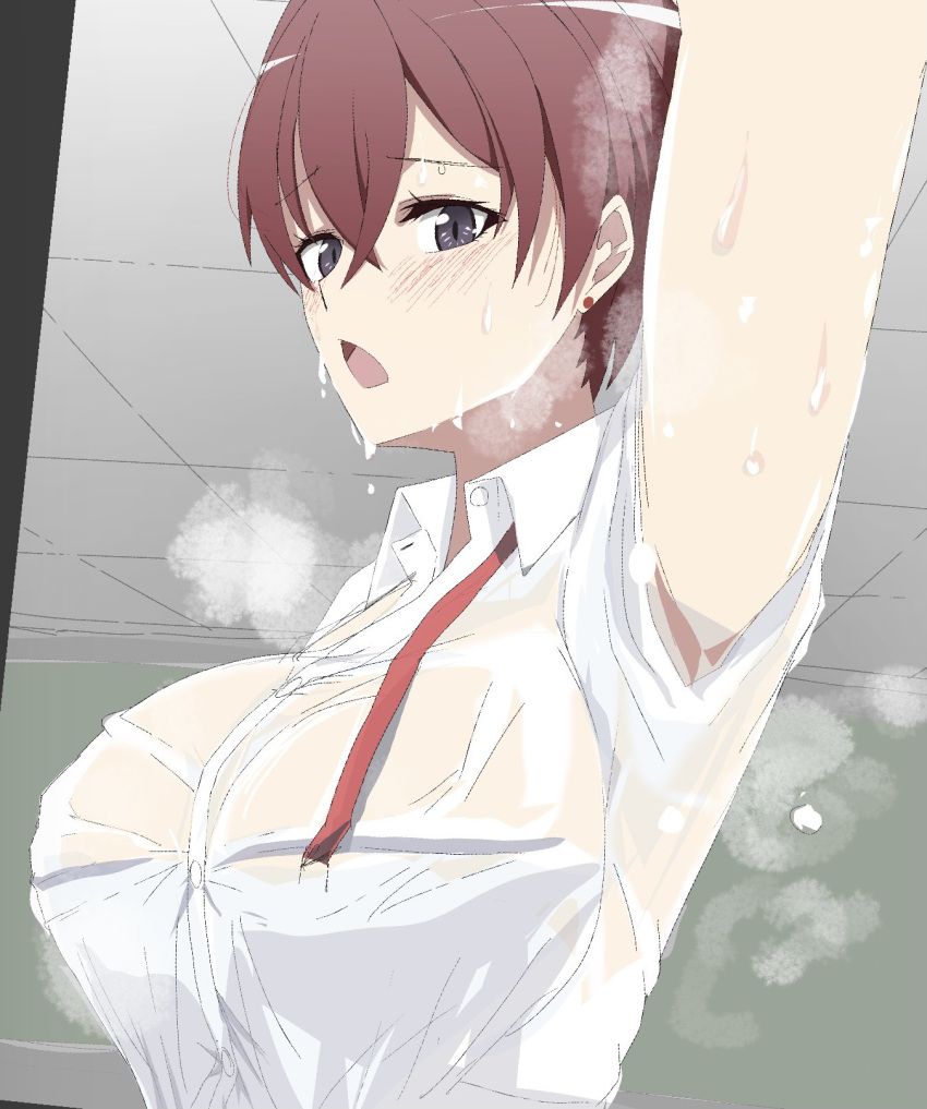 annoyed arm_up armpit_fetish armpit_focus big_breasts blush ceiling_tiles eyebrows eyebrows_visible_through_hair eyelashes eyelashes_visible_through_hair grey_eyes looking_at_viewer my_teen_romantic_comedy_snafu no_bra no_bra_under_clothes open_mouth red_hair sagami_minami school_uniform schoolgirl smell soaked soaked_clothes sweat sweatdrop sweating sweating_profusely undone_tie wrinkles_in_clothes ze_r0_ze_r0