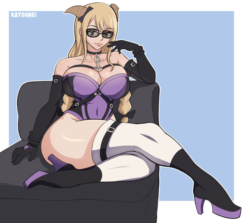 1girls artist_name ass bangs bare_shoulders black_gloves blonde_hair breasts chains cleavage collar collarbone elbow_gloves eyebrows_visible_through_hair fairy_tail fairy_tail:_dragon_cry female female_focus gloves heels highres horns katsunei large_breasts long_hair looking_at_viewer lucy_heartfilia navel pose sitting solo solo_focus sunglasses tagme thick_ass thighhighs thighs tinted_eyewear