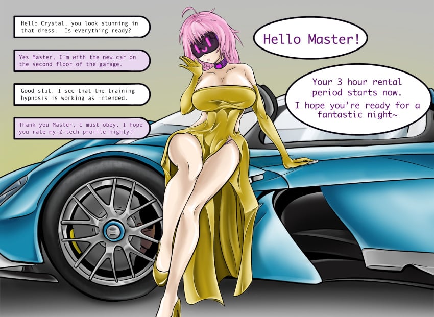 1girls alternate_version_available brainwashed brainwashing bzurrf car crystal_(lewd-zko) dress elbow_gloves english_text gloves hypnosis mind_control pink_hair ponytail speech_bubble tech_control text text_bubble tinted_eyewear visor z-tech_(lewd-zko)