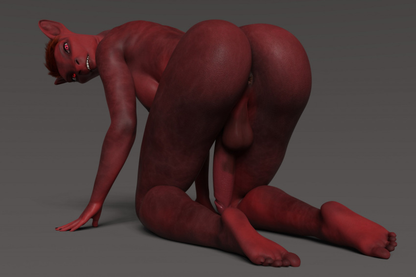 3d_(artwork) all_fours anthro anus ass ass_up backsack balls black_nails bovid circumcised cloud colored_nails digital_media_(artwork) earthclan3d feet genitals glistening glistening_butt gynomorph hair heat_(earthclan) humanoid_genitalia humanoid_penis inside intersex kneeling lips long_penis looking_back mammal nails penile penis rear_view red_anus red_balls red_body red_breasts red_eyes red_hair red_lips red_penis red_skin soles solo