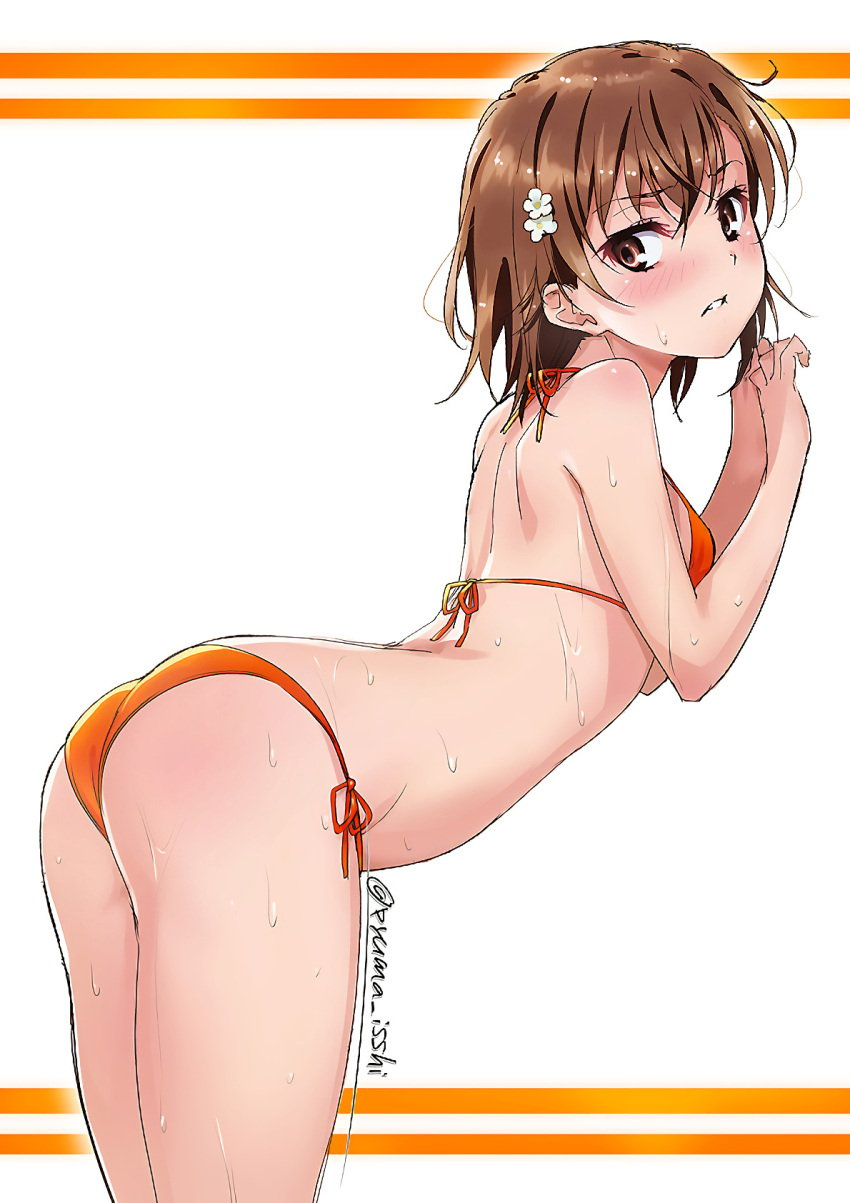 10s 1girls 2019 arched_back ass bent_over bikini biting biting_lip blush breasts brown_eyes brown_hair female from_behind hair_ornament hairpin isshi_pyuma lips looking_at_viewer looking_back misaka_mikoto orange_bikini shiny shiny_hair shiny_skin short_hair side-tie_bikini small_breasts solo solo_female standing swimsuit teenage_girl teenager to_aru_kagaku_no_railgun to_aru_majutsu_no_index twitter_username wet young