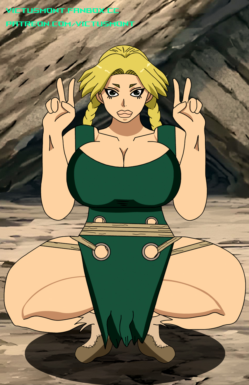 abs alternate_version_at_source alternate_version_available big_breasts big_lips blonde_hair braided_hair clothed dr.stone female_focus green_clothing green_eyes hanada_nikki muscular_female nikki_(dr.stone) peace_sign puffy_lips sole_female squatting thick_thighs victusmont wide_hips