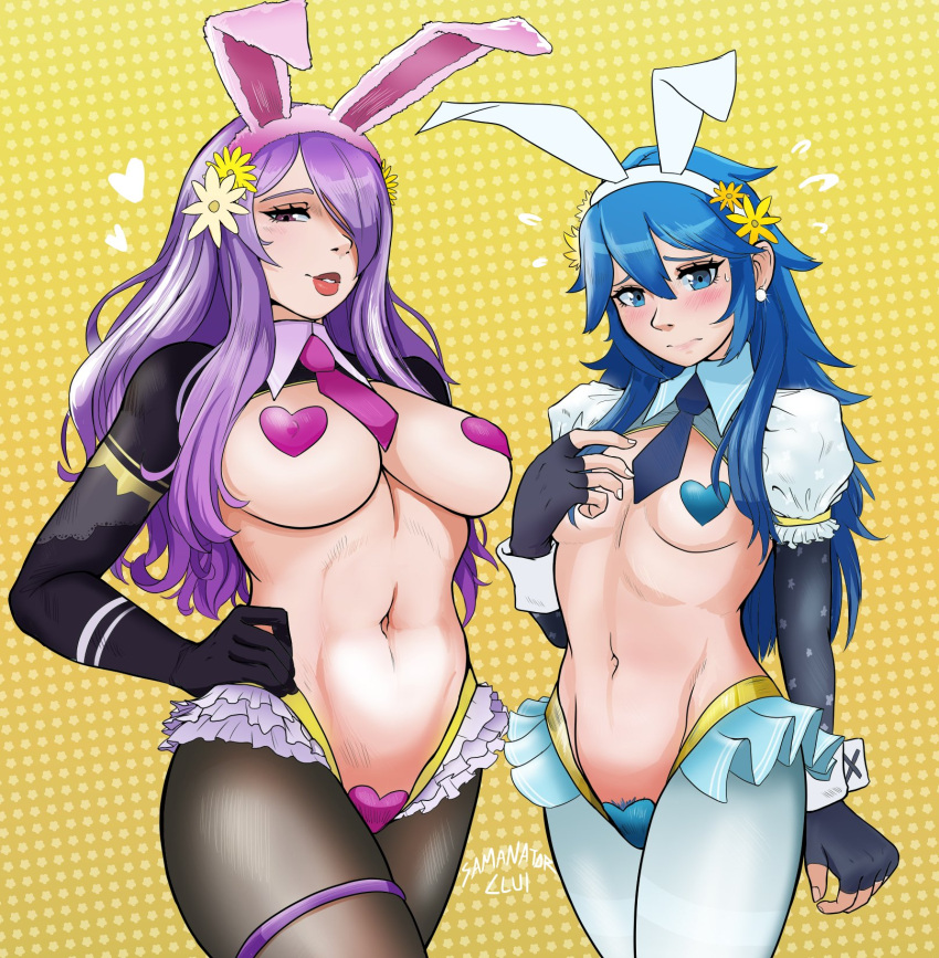 2girls alternate_costume blue_eyes blue_hair blue_heart_pasties blue_pasties breasts bunny_ears bunny_girl bunnysuit camilla_(fire_emblem) camilla_(spring)_(fire_emblem) earrings elbow_gloves embarrassed female female_only fingerless_gloves fire_emblem fire_emblem_awakening fire_emblem_fates frown gloves hair_over_one_eye large_breasts lips long_hair lucina_(fire_emblem) lucina_(spring)_(fire_emblem) multiple_girls nintendo pantyhose pasties purple_eyes purple_hair purple_heart_pasties purple_pasties revealing_clothes reverse_bunnysuit samanator_club small_breasts smile thick_lips