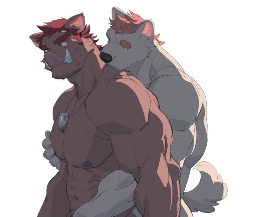 2boys abs bara beard chest_hair facial_hair furry hairy large_pectorals male male_focus muscular muscular_male pectorals rollingstonex6 yaoi