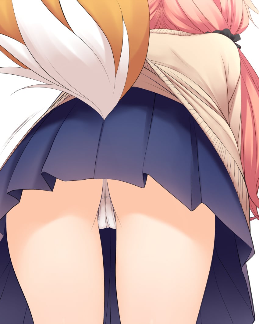 absurdres ass blue_scrunchie blue_skirt brown_cardigan cameltoe cardigan commentary_request fate/extra fate_(series) female fox_tail from_behind hair_ornament hair_over_shoulder hair_scrunchie haryuu_(poetto) head_out_of_frame highres leaning_forward long_hair low_twintails motion_lines panties pink_hair pleated_skirt school_uniform scrunchie shirt simple_background skirt solo tail tamamo_no_mae_(fate) twintails underwear very_long_hair white_background white_panties white_shirt