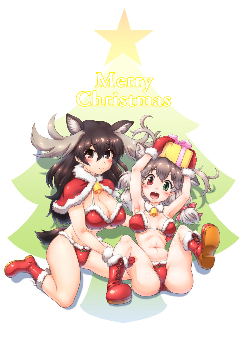 2girls animal_ears antlers bell bikini boots box breasts brown_eyes brown_hair cape capelet christmas christmas_tree cleavage deer_antlers deer_ears deer_girl female fur-trimmed_bikini fur-trimmed_boots fur-trimmed_cape fur-trimmed_capelet fur-trimmed_gloves fur-trimmed_headwear fur-trimmed_legwear fur-trimmed_swimsuit fur_trim gift gift_box gloves green_eyes hair_ribbon happy hat heterochromia highres kemono_friends looking_at_viewer merry_christmas mikan_toshi moose_(kemono_friends) moose_ears moose_girl moose_tail multiple_girls navel red_bikini red_capelet red_eyes red_gloves red_headwear red_legwear reindeer reindeer_(kemono_friends) reindeer_antlers reindeer_girl ribbon sack santa_bikini santa_boots santa_gloves santa_hat smile swimsuit tail