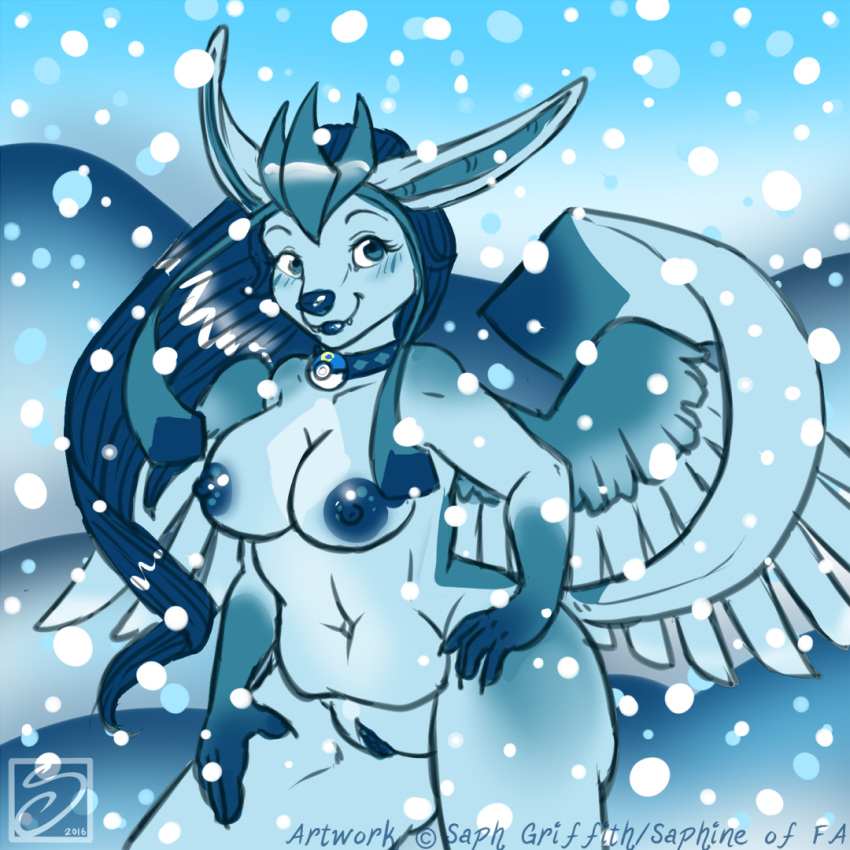 2016 anthro articuno belly blue_body blue_hair blue_nipples blue_pussy breasts collar eeveelution feathered_wings feathers female fusion genitals glaceon hair hand_on_hip hand_on_leg hand_on_thigh legendary_pokemon long_ears looking_at_viewer nintendo nipples nude nude_female pokéball_collar pokémon_(species) pokémon_fusion pokeball pokemon pokemon_(species) pokemorph pussy saphine snow snowing solo video_games wings