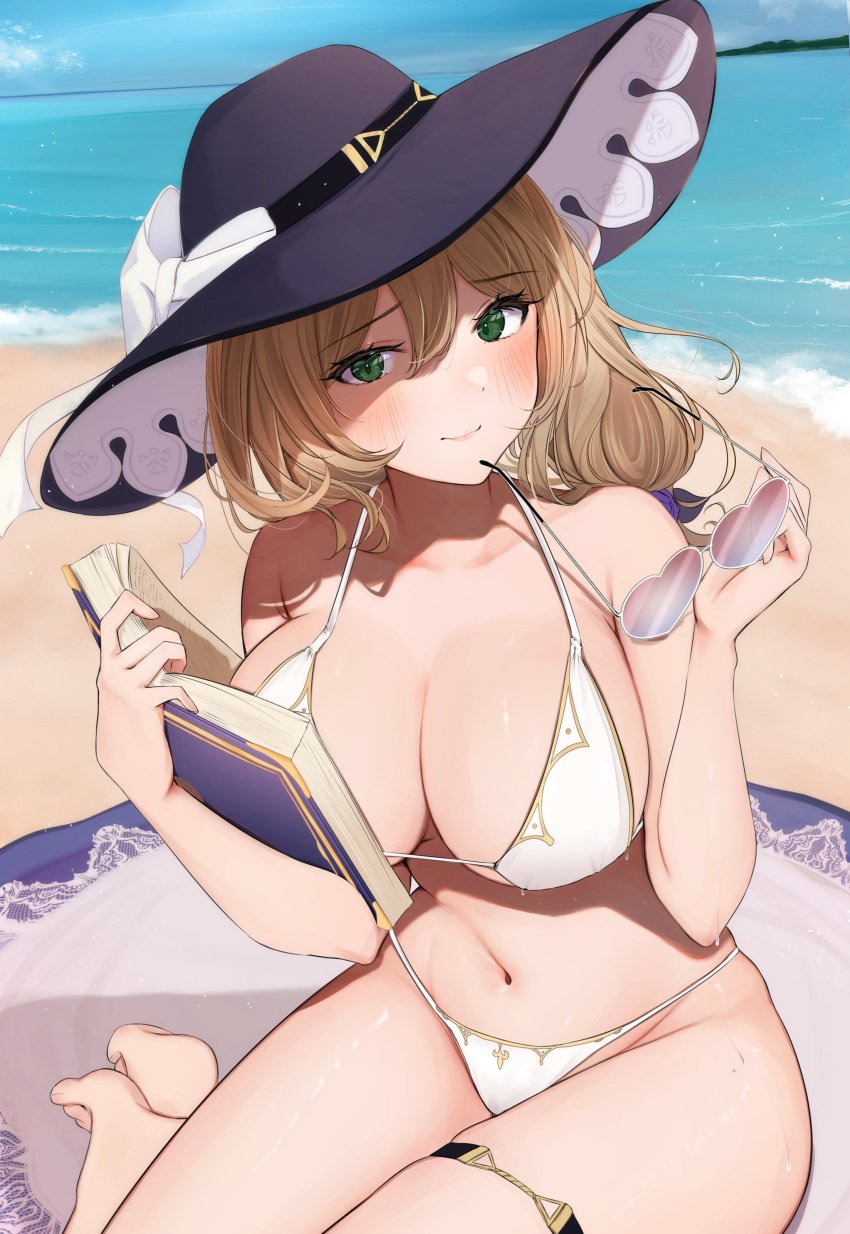 1girls 2022 absurd_res bare_legs barefoot beach bikini blush book breasts brown_hair eyewear_removed feet female female_only genshin_impact green_eyes hat hips holding_object huge_breasts large_hat lisa_(genshin_impact) long_hair looking_at_viewer oji_fuguri outdoors side_ponytail slim_waist sun_hat sunglasses sunglasses_removed thick_thighs thighs white_bikini wide_hips