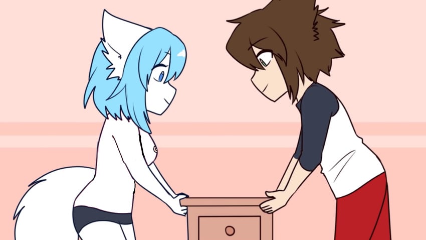 animal_ears animation_meme_community anthro blue_eyes blue_hair edit fully_clothed fully_clothed_male furniture jordan_sweeto nude_female_clothed_male shirtless_female short_shorts virtual_youtuber white_fur wolfychu youtube youtuber