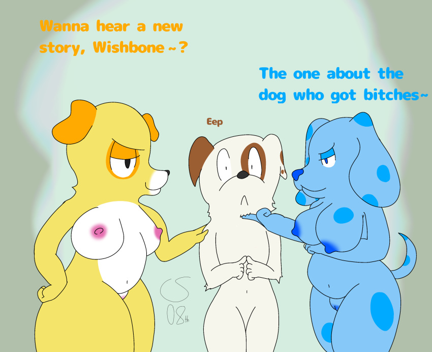 2022 absurd_res anthro anthro_female anthro_male anthro_only belly blue's_clues blue_(blue's_clues) blue_text breasts brown_text canid canine canis catscratch08th color colored crossover devious_grin dialogue digital_drawing_(artwork) digital_media_(artwork) domestic_dog eep english english_text female female/male/female genitals group group_sex hi_res male male/female mammal martha_lorraine martha_speaks nervous nick_jr nickelodeon nipples no_humans orange_text pbs pbskids peer_pressure pussy sex text thick_thighs threesome trio wishbone_(character) wishbone_(tv_series)