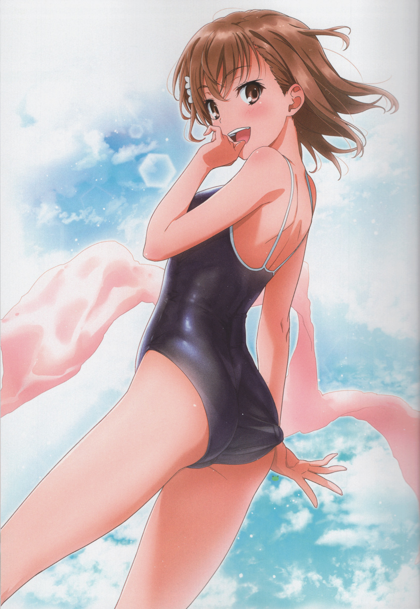 10s 1girls 2019 absurd_res adjusting_clothes adjusting_swimsuit ass bare_shoulders blue_sky blue_swimsuit blush breasts brown_eyes brown_hair cloud competition_school_swimsuit day eyebrows_visible_through_hair from_behind hair_ornament huge_filesize isshi_pyuma looking_at_viewer looking_back misaka_mikoto one-piece_swimsuit open_mouth outdoors scan school_swimsuit shiny shiny_skin short_hair sky smile solo solo_female spiked_hair standing swimsuit teenage_girl teenager teeth to_aru_kagaku_no_railgun to_aru_majutsu_no_index towel young