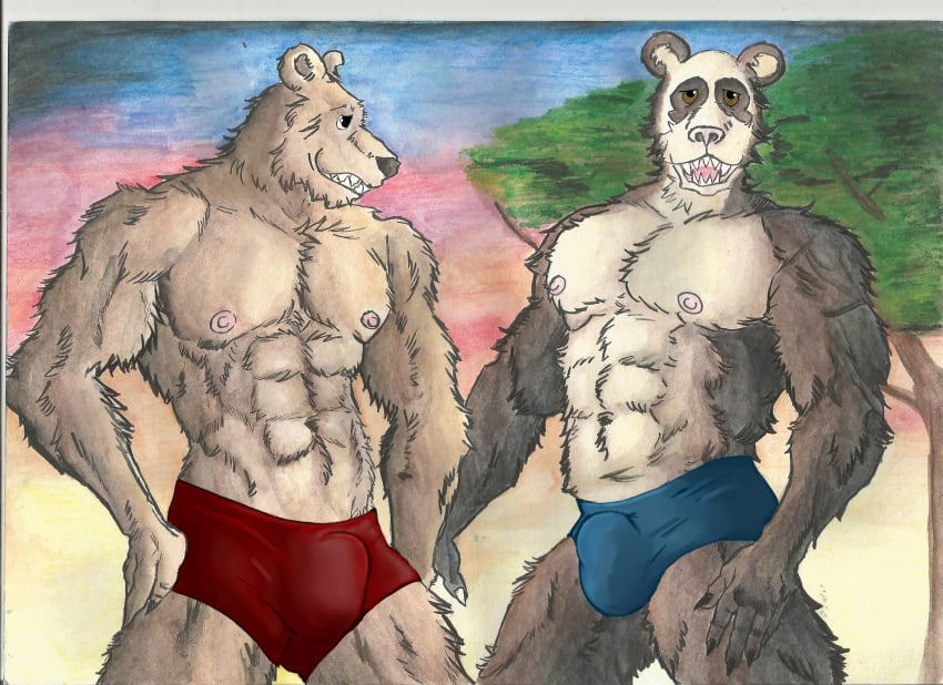 bara bear beastars bulge furry gouhin male_only muscle nipples panda riz_(beastars) watercolor