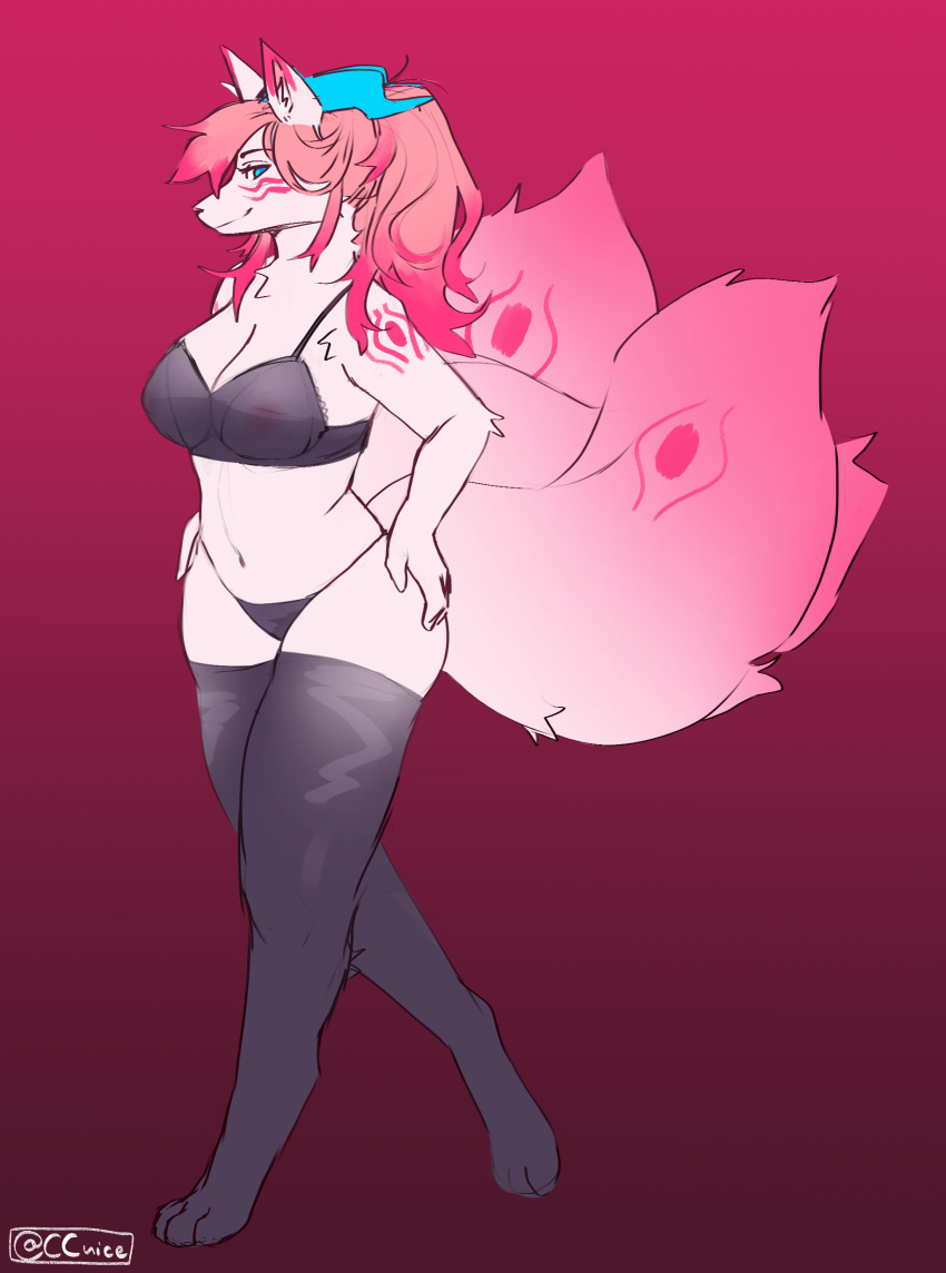 absurd_res anthro blue_eyes blue_horn bra breasts canid canine ccuice clothing female fox fur hair hi_res horn kitsune kitz_(kitzuneh) legwear mammal multi_tail nipples panties pink_body pink_fur pink_hair solo stockings underwear