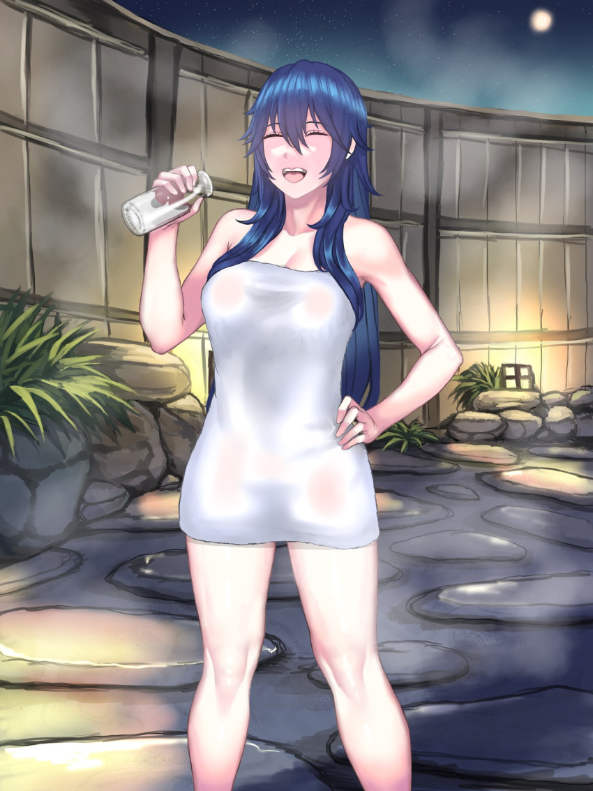 1girls bangs bare_shoulders blue_hair bottle breasts cleavage closed_eyes drinking_milk female female_focus fire_emblem fire_emblem_awakening full_moon hand_on_hip holding holding_bottle hotsprings laughing long_hair lucina_(fire_emblem) medium_breasts medium_hair milk moon naked_towel night night_sky nintendo nude_cover onsen open_mouth pocari66 princess rock royalty see-through_clothing sky smile solo steam stone_floor teeth towel water_spring wet wet_towel