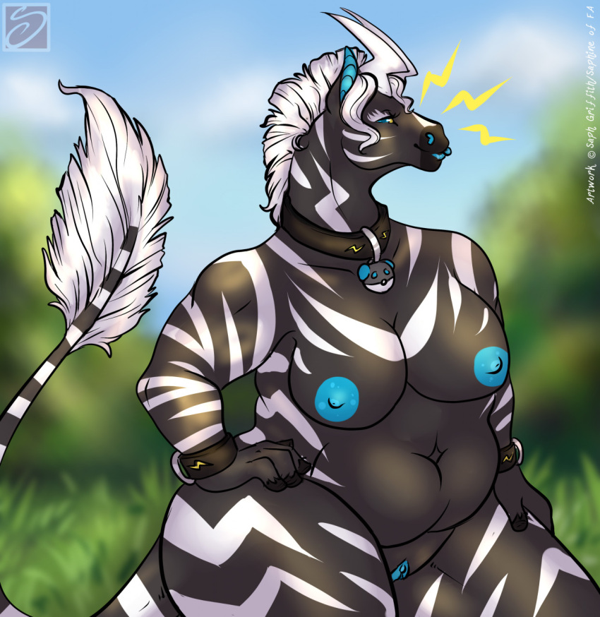 2021 anthro anthrofied belly black_body blue_nipples blue_pussy blurred_background collar collar_only equid female genitals hair hi_res looking_at_viewer mammal nintendo nipples nude outside pokéball pokéball_collar pokémon_(species) pokémorph pokemon portrait pussy saphine slightly_chubby solo stripes thick_thighs three-quarter_portrait video_games white_hair wide_hips zebstrika