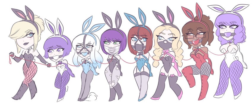 6+girls 8girls ball_gag bearbuckscoffee bondage breasts brown_hair bunny_ears bunny_girl bunnysuit collar female female_only femdom femsub fishnets gag glasses harem leash lineup linked_collar medium_breasts multiple_girls multiple_subs original red_eyes yuri