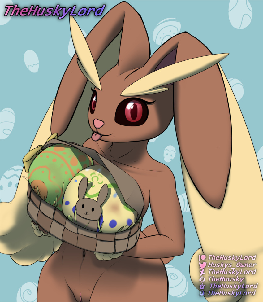 anthro barely_contained barely_contained_breasts barely_visible_genitalia barely_visible_pussy big_breasts breasts easter easter_egg genitals hair hi_res holidays looking_at_viewer lopunny nintendo painted_breasts pink_nose pokémon_(species) pokemon pokemon_(species) pussy red_hair simple_background thehuskylord tongue tongue_out uncensored video_games