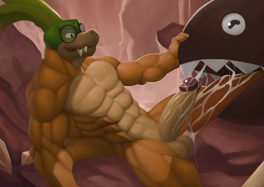 1boy 1other abs anthro anthrofied balls ballsack bara blowjob chain_chomp completely_nude completely_nude_male cum cum_in_mouth cum_inside glasses humanoid humanoid_genitalia humanoid_penis iggy_koopa kittikary koopaling male male/ambiguous male_only mario_(series) muscular muscular_anthro muscular_male nintendo nude nude_male outdoors pecs pectorals penis penis_out sitting testicles tongue tongue_out