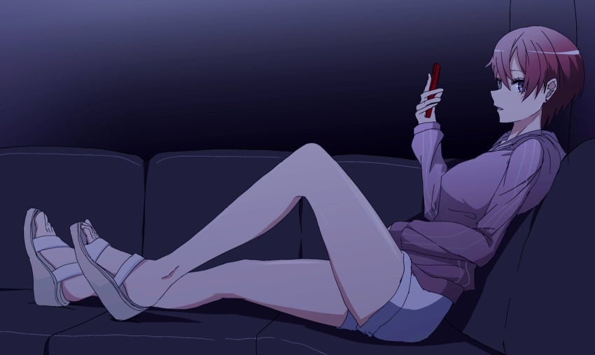 1girls bare_legs comfy dark_room feet female female_only foot_fetish footwear hoodie karaoke laying_back leg_focus legs light_skin looking_at_phone looking_to_the_side my_teen_romantic_comedy_snafu night phone red_hair relaxing sagami_minami sandals shorts sitting sitting_on_couch sofa solo ze_r0_ze_r0