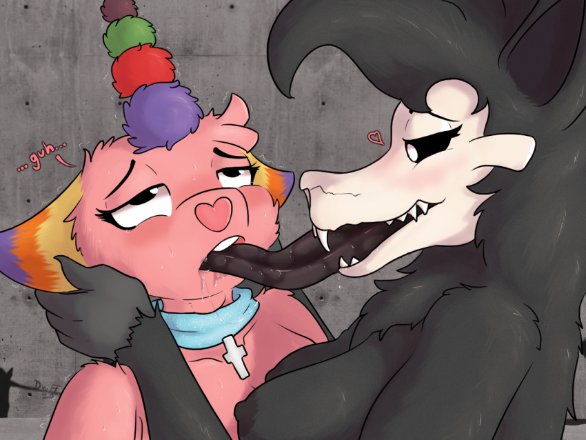 2girls 4:3 animate_inanimate anthro black_body black_fur bodily_fluids breasts canid collar dunewulff duo extreme_french_kiss female french_kiss french_kissing kissing living_piñata mammal monster pink_body pink_fur saliva scp-1471 scp-1471-a scp-956 scp_foundation skull_head tongue yuri