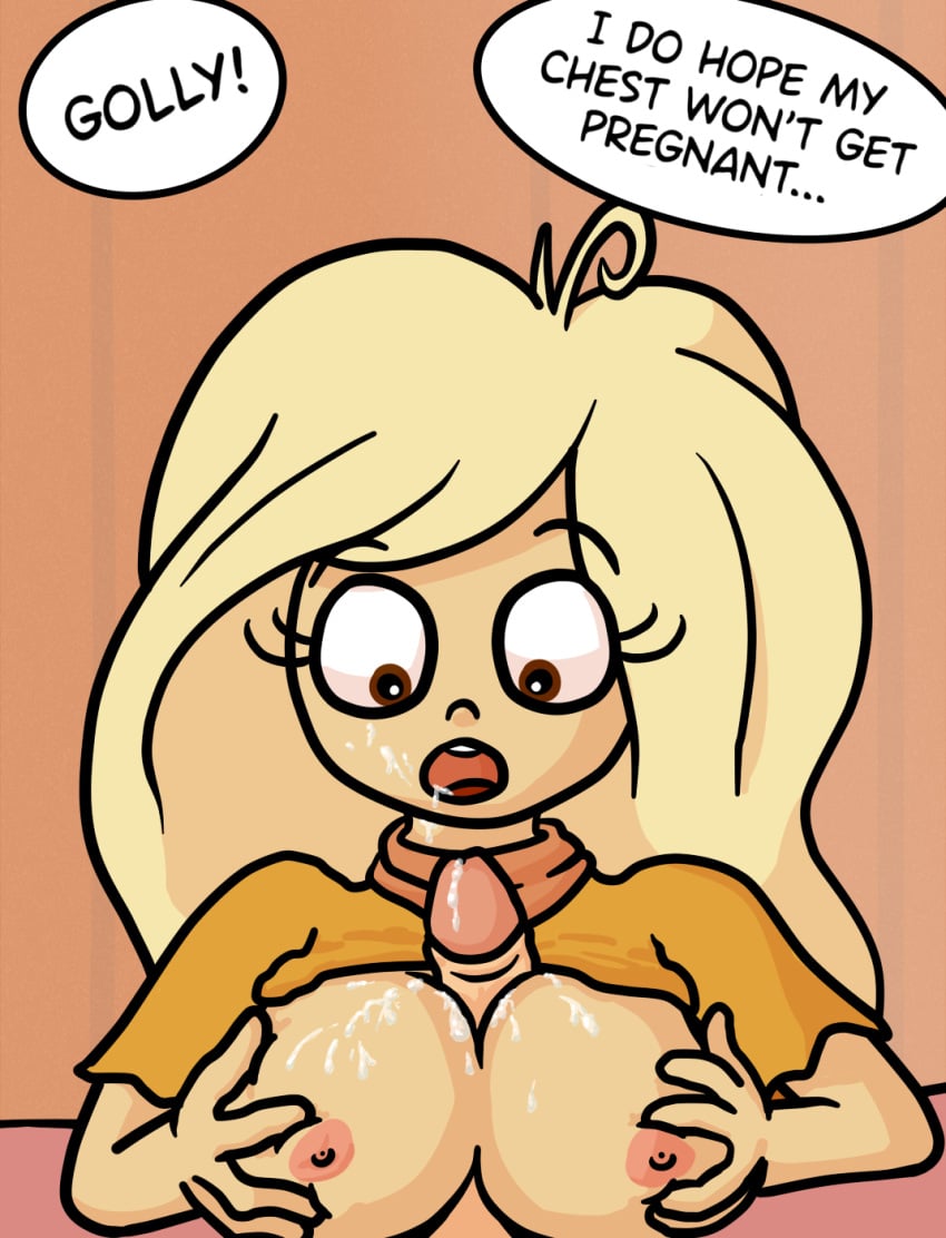 artist_request blonde_hair breasts coco_schoppenboer cum cum_in_mouth cum_on_breasts cum_on_face cumshot female innocent_paizuri large_breasts nipples ongezellig paizuri partial_male penis scarf titfuck titjob unaware