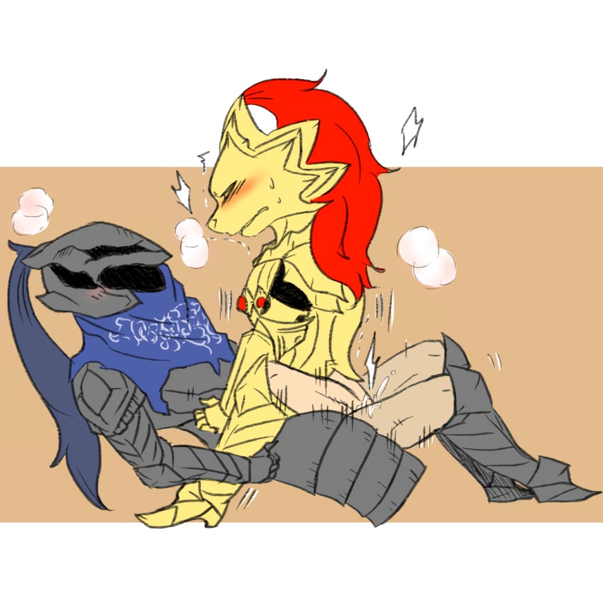 2boys anal anal_sex armor artorias_the_abysswalker blush bottomless breath chibi clothed_sex dark_souls dragon_slayer_ornstein fromsoftware gay helmet implied_anal knight male male_only sitting_on_person sweatdrop yaoi