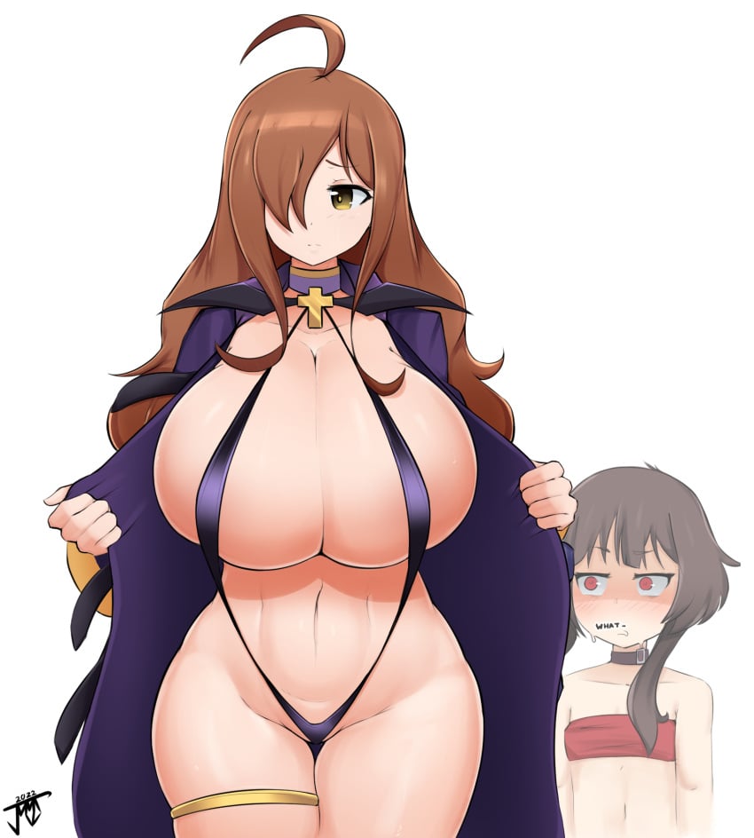 2girls big_breasts bikini breasts brown_hair choker female female_only flat_chest huge_breasts jmvmaa kono_subarashii_sekai_ni_shukufuku_wo! long_hair megumin red_eyes sling_bikini standing thick_thighs thighs undressing voluptuous wide_hips wiz_(konosuba)