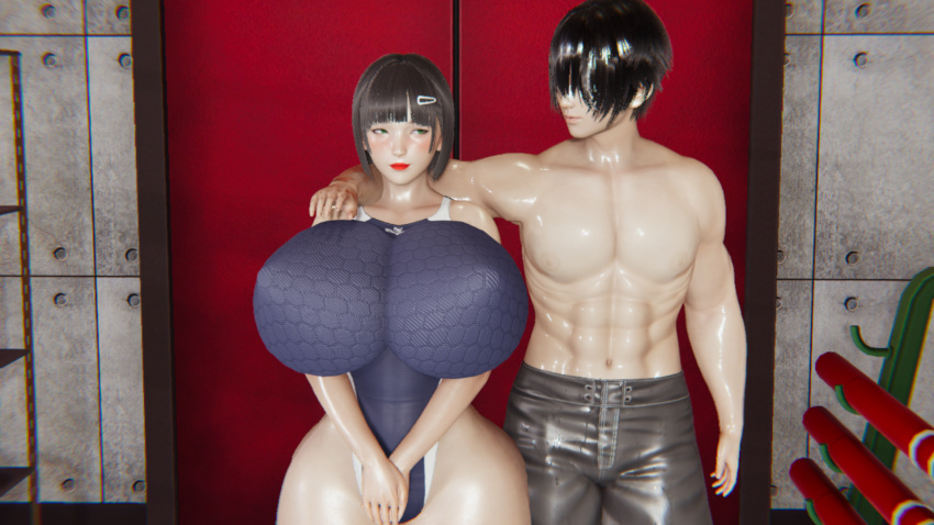 big_breasts black_hair bob_cut female gymnasium honey_select honey_select_2 huge_breasts kirigaya_suguha male swimwear sword_art_online warehouse