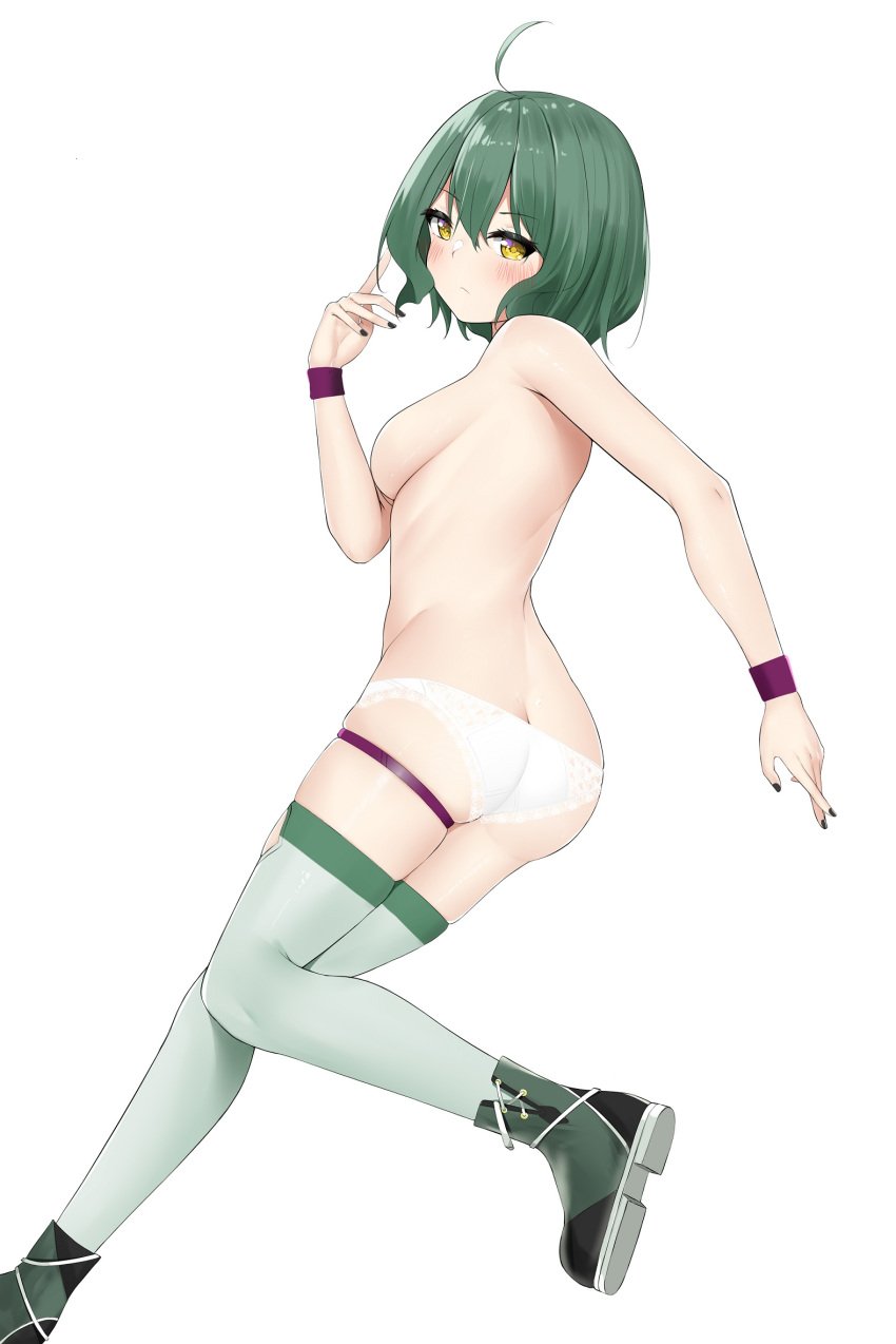 ahoge ankle_boots ass bangs blush boots breasts closed_mouth commentary_request eyebrows_visible_through_hair female female from_side green_footwear green_hair green_legwear hand_up highres leg_up looking_at_viewer looking_to_the_side medium_breasts nail_polish original panties red_nails running short_hair sideboob skindentation sweatband thighhighs topless underwear white_panties yellow_eyes zerotwenty_(020)