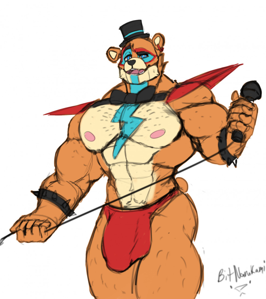 anthro bara bitnarukami body_hair bow_tie chest_hair clothing ear_piercing five_nights_at_freddy's five_nights_at_freddy's:_security_breach fur glamrock_freddy_(fnaf) hat headgear headwear hi_res male male_only mammal microphone muscular nipples orange_body orange_fur piercing red_clothing red_thong red_underwear scottgames simple_background solo thong underwear ursid video_games white_background