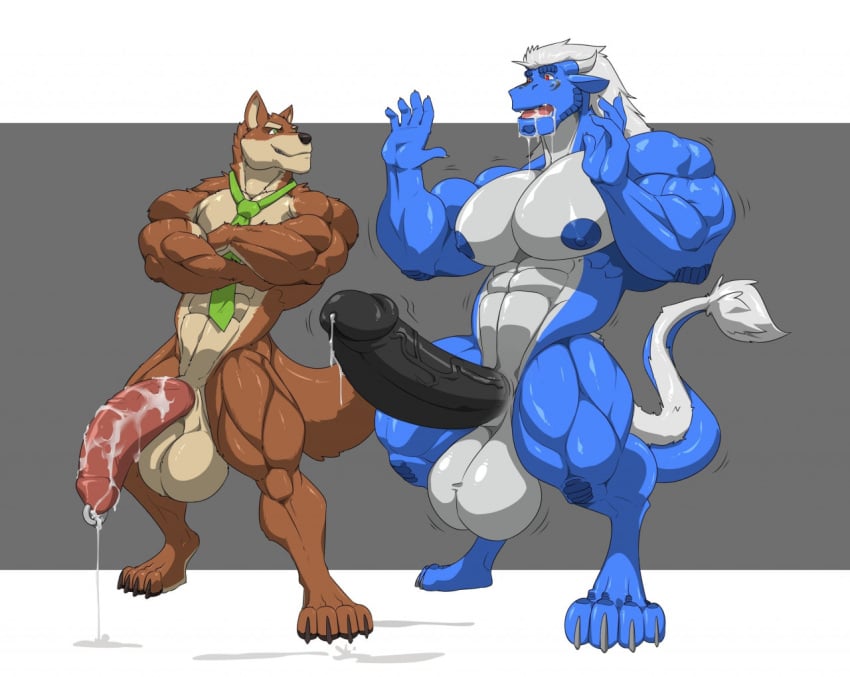 akuro anthro balls bamwuff big_balls big_muscles big_penis bodily_fluids canid canine canis clothed clothing cum dragon dripping drooling duo genital_fluids genital_growth genitals growth huge_balls huge_cock hyper hyper_balls hyper_genitalia hyper_penis kartos male male/male mammal muscle_growth muscle_size_difference muscular muscular_anthro muscular_male nipples partially_clothed penis penis_growth saliva shocked_expression wolf