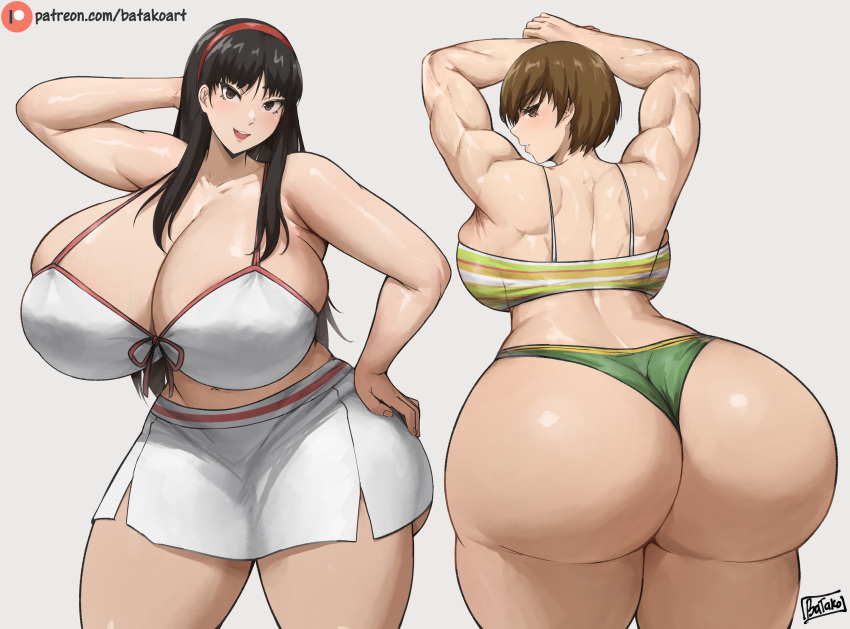 2022 2girls alternate_ass_size alternate_breast_size amagi_yukiko artist_signature ass atlus batako bikini black_eyes black_hair breasts brown_eyes brown_hair female female_only fit fit_female hi_res hips huge_ass huge_breasts long_hair muscular muscular_female patreon_username persona persona_4 satonaka_chie sega short_hair simple_background slim_waist swimsuit thick_thighs thighs thunder_thighs wide_hips