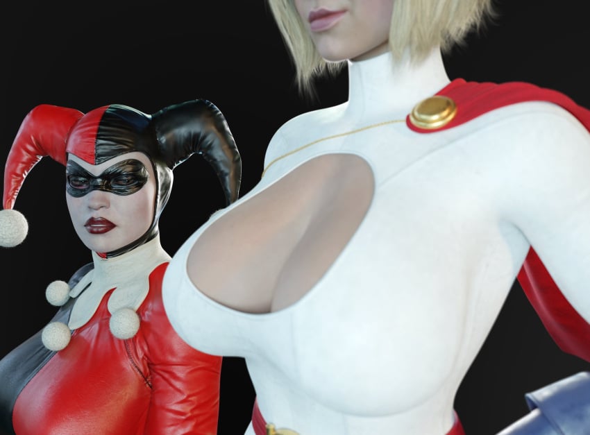 2girls 3d 3d_(artwork) batman_(series) big_breasts boob_window breast_envy breast_focus cleavage cleavage_cutout dc dc_comics domino_mask female female_only full_body fully_clothed harley_quinn harley_quinn_(classic) harley_quinn_(injustice) injustice_2 jealous kara_zor-l kryptonian leotard looking_at_breasts power_girl power_girl_(injustice) smitty34 staring_at_breasts superman_(series) tagme