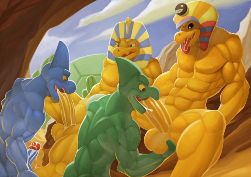 4boys abs anthro anthro_on_anthro balls ballsack bara blowjob cum cum_in_mouth cum_inside egyptian egyptian_clothes foursome half-closed_eyes humanoid humanoid_genitalia humanoid_penis kittikary koopa koopa_troopa looking_pleasured male male/male/male/male male_only mario_(series) muscular muscular_anthro muscular_arms muscular_legs muscular_male nintendo paper_mario pecs pectorals penis penis_out tongue tongue_out tutankoopa virus_(kittikary)