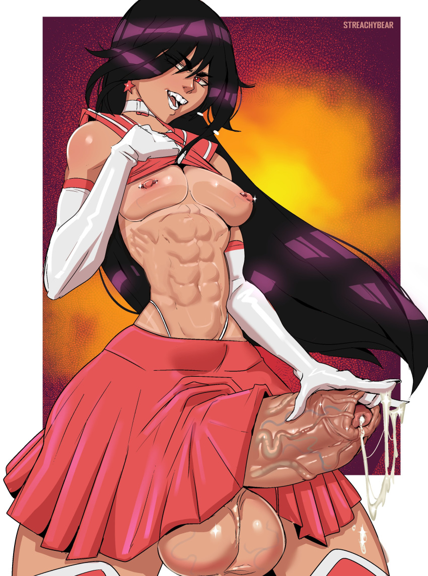 1futa abs balls big_balls bishoujo_senshi_sailor_moon clothed clothing cum dark-skinned_futanari dark_skin erection erection_under_clothes erection_under_skirt foreskin futa_only futanari hourglass_figure huge_balls huge_cock human long_hair looking_at_viewer nipple_piercing nipples partially_clothed penis precum precum_drip rei_hino sailor_mars skirt small_breasts solo solo_futa standing streachybear uncensored unretracted_foreskin