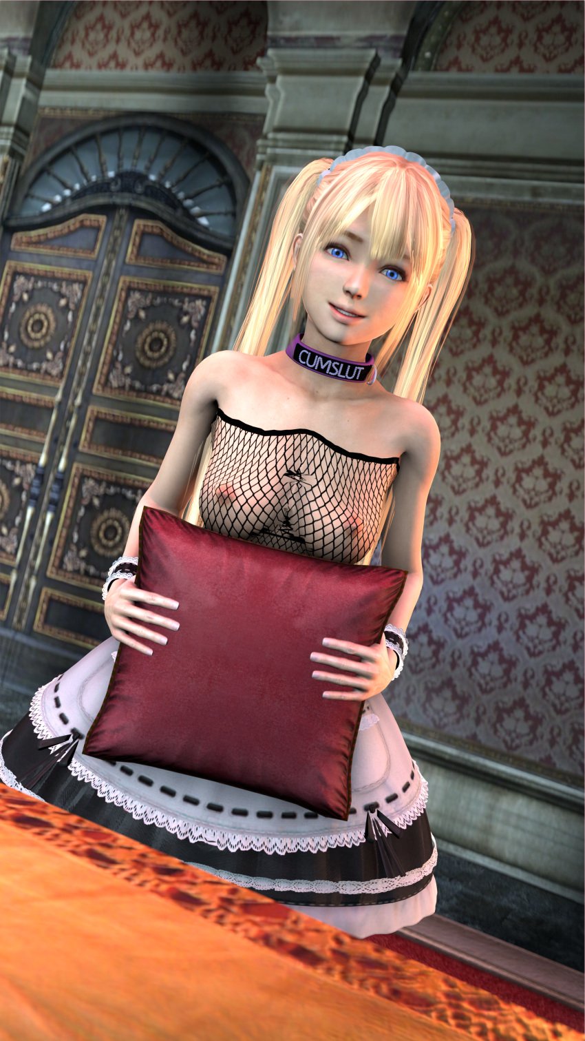 1girls 3d 3d_(artwork) 4k absurd_res bed bedroom blonde_hair blue_eyes breasts choker clothed clothes clothing collar dead_or_alive dead_or_alive_5 female female_only fishnet fishnet_shirt fishnets futivesfm happy hi_res holding holding_object human indoors looking_at_viewer maid maid_headdress maid_outfit maid_uniform marie_rose medium_breasts nipples petite petite_body pillow ponytail ponytails see-through_clothing see_through smile smiling smiling_at_viewer solo