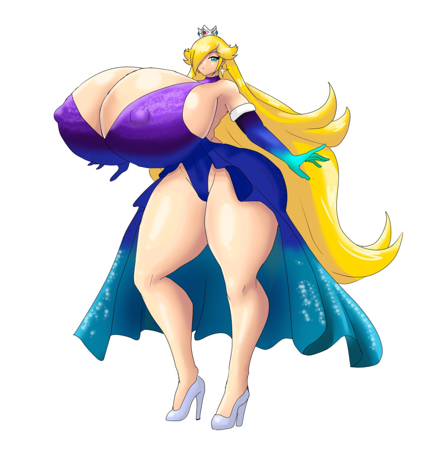 1girls alternate_ass_size alternate_body_type alternate_breast_size big_breasts blonde_hair blue_eyes breasts breasts_bigger_than_head clothed clothed_female commission crown dress earrings elbow_gloves erect_nipples erect_nipples_under_clothes eyelashes female female_only full_body gigantic_ass gigantic_breasts gloves hair_over_one_eye heels high_heels huge_breasts long_hair marcormen mario_(series) mario_kart mario_kart_tour nintendo nipple_bulge nipples_visible_through_clothing open_mouth princess_rosalina simple_background solo standing star_earrings tagme thick_thighs very_long_hair voluptuous white_background wide_hips