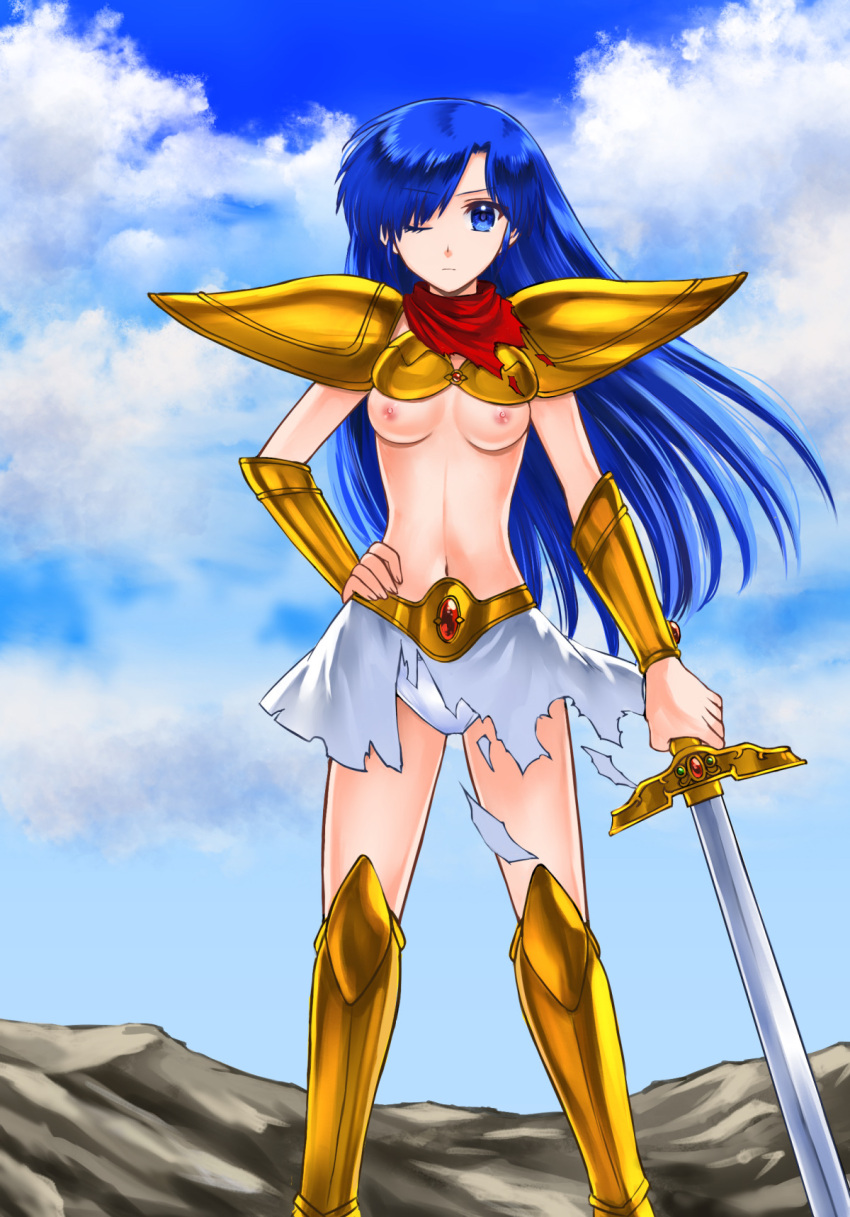 bikini_top blue_eyes blue_hair blue_sky breasts breasts_out clouds highres long_hair mugen_senshi_valis one_eye_closed panties red_scarf ripped_clothing ripped_skirt scarf shoulder_pads sword valis white_panties yuko_ahso