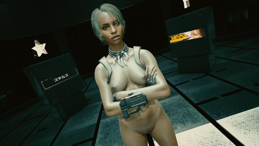 astromons casual cyberpunk_2077 dark-skinned_female dark_skin exhibitionism female handwear harness human naked neckwear nude nude_female t-bug_(cyberpunk_2077)