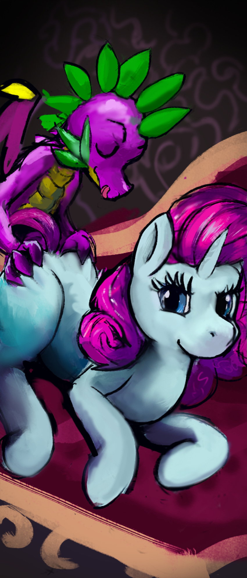 absurd_res blue_eyes claws couch_sex dragon duo equid equine female friendship_is_magic from_behind_position furniture green_body green_scales hair hasbro hi_res horse kiraco looking_at_viewer male male/female mammal mane my_little_pony pony purple_body purple_hair purple_wings rarity_(mlp) scales scalie sex smooth_skin sofa spike_(mlp) tongue tongue_out white_body wings