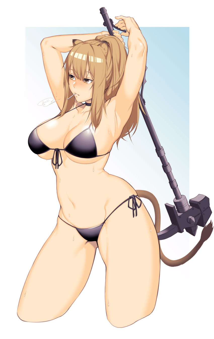 absurdres animal_ears arknights arms_up bangs bikini black_bikini black_choker blush breasts brown_hair choker cleavage cropped_legs dyun female gradient gradient_background highres holding holding_weapon large_breasts lion_ears lion_tail long_hair mouth_hold ponytail side-tie_bikini siege_(arknights) signature simple_background solo sweat swimsuit tail war_hammer weapon