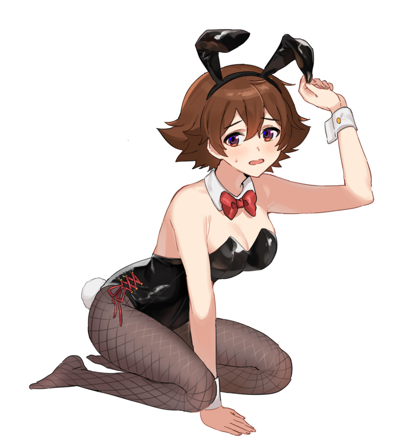 1girls 5_fingers alternate_costume animal_ears arm_support arms bangs big_breasts black_bunny_ears black_corset black_leotard blush blush_lines bow bowtie breasts brown_eyes brown_hair bunny_ears bunny_girl bunny_tail bunnysuit buttons cleavage clothed clothed_female collar corset cuffs cuffs_(clothing) detached_collar ear embarrassed eyebrows eyebrows_visible_through_hair eyes eyes_open feet female female_focus female_only fingers fishnet_legwear fishnet_stockings fishnets flavorppp full_body genderswap_(mtf) grey_stockings hair_between_eyes hairband hands hilbert_(pokemon) human human_focus human_only kneeling large_breasts legwear leotard looking_at_viewer neck no_background on_knees open_mouth pokemon pokemon_bw pokemon_trainer raised_eyebrows red_bow red_bowtie rule_63 short_hair shoulders simple_background sweatdrop tongue white_background white_collar white_cuffs wrist_cuffs