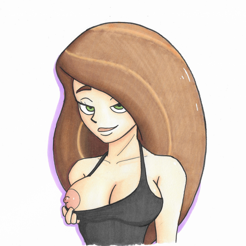 1girls black_dress brown_hair brownpidgeon disney disney_channel female female_only flashing green_eyes kim_possible kimberly_ann_possible nipples solo