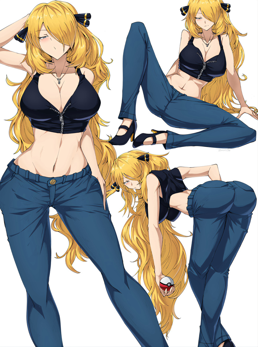 1girls absurd_res alternate_breast_size ass blonde_hair breasts cleavage clothed clothed_female cynthia_(pokemon) dressed_up female female_only grey_eyes hair_over_one_eye hi_res jeans large_breasts looking_at_viewer nintendo pokemon pokemon_dppt solo suzusiigasuki tight_clothing wide_hips