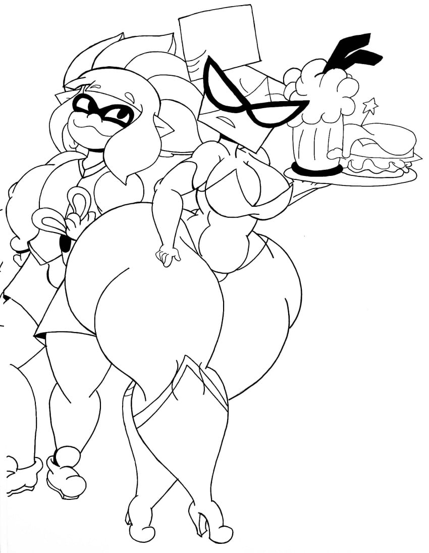 arched_eyebrows black_and_white bunny_ears bunnysuit burger food glasses incredistar inkling inkling_boy mario_(series) nastasia oc original paper_mario secretary serving_tray splatoon strutting super_paper_mario