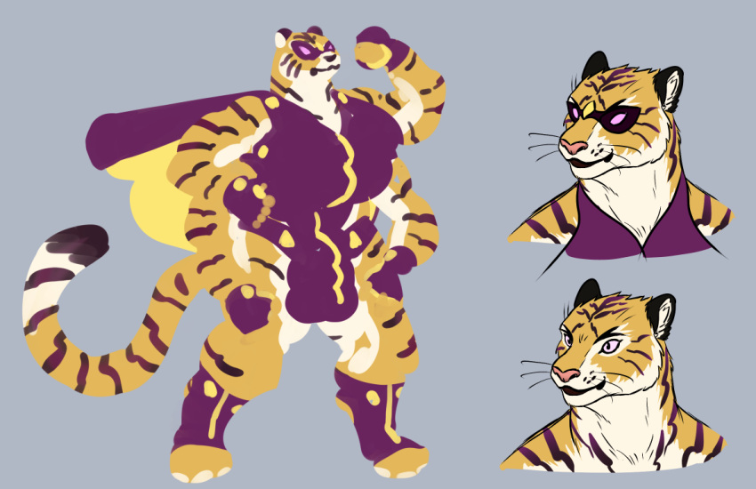 anthro balls_outline boo3 breasts bulge cape clothing colored detailed_bulge digitigrade felid genital_outline gynomorph hyper intersex mammal mask multi_arm multi_breast multi_limb muscular pantherine solo superhero the_stripe tiger