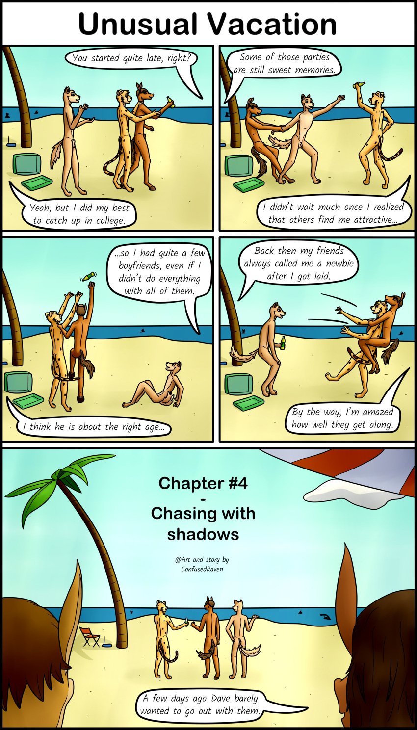 absurd_res anthro beach canid canine canis casual_nudity chapter_4 cheetah comic confusedraven dialogue domestic_dog equid equine felid feline female friends group hi_res horse male mammal nude nudist page_1 parent seaside vacation