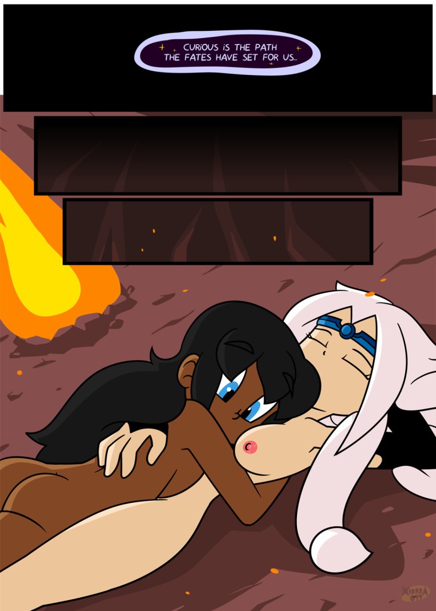 3girls after_sex arm_around_partner arm_sleeves ass black_hair blue_eyes breasts bright_darkness butt campfire cave chocolate_and_vanilla closed_eyes comic comic_page cowgirl_position crown dark-skinned_female dialogue dreadlocks enemies_to_lovers face_in_breasts face_on_breast girl_on_bottom head_on_breasts holding_partner laying_on_ground laying_on_person laying_on_top lesbian lesbians light-skinned_female multiple_girls naked naked_female nipples nude nude_female oracle pale-skinned_female priestess romantic_couple sleeping sleeping_on_person tiara unseen_character white_hair wholesome witch xierra099 yuri